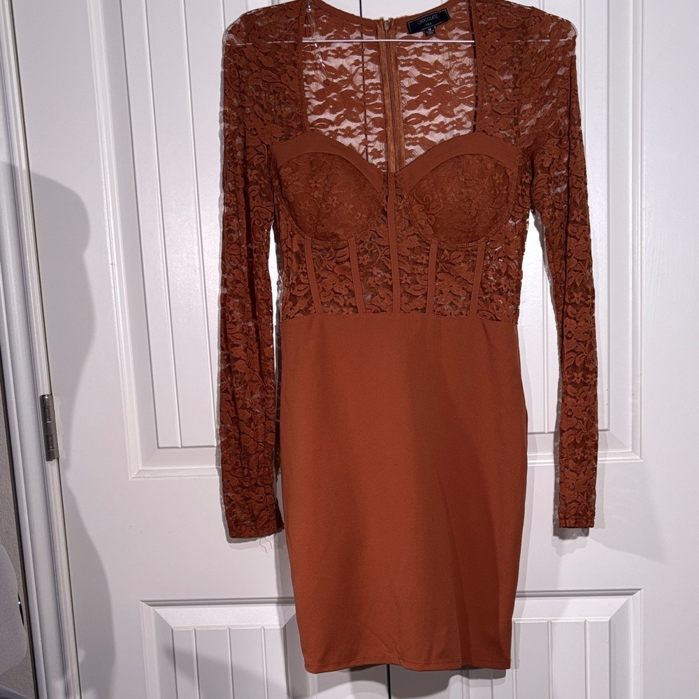 Chocolate Long Sleeve Lace Dress - Brown